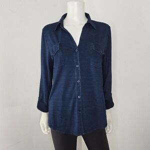 Chicos Collared Henley Top Size 2 L Navy Stretch Underarms 3/4 Sleeve Stretch